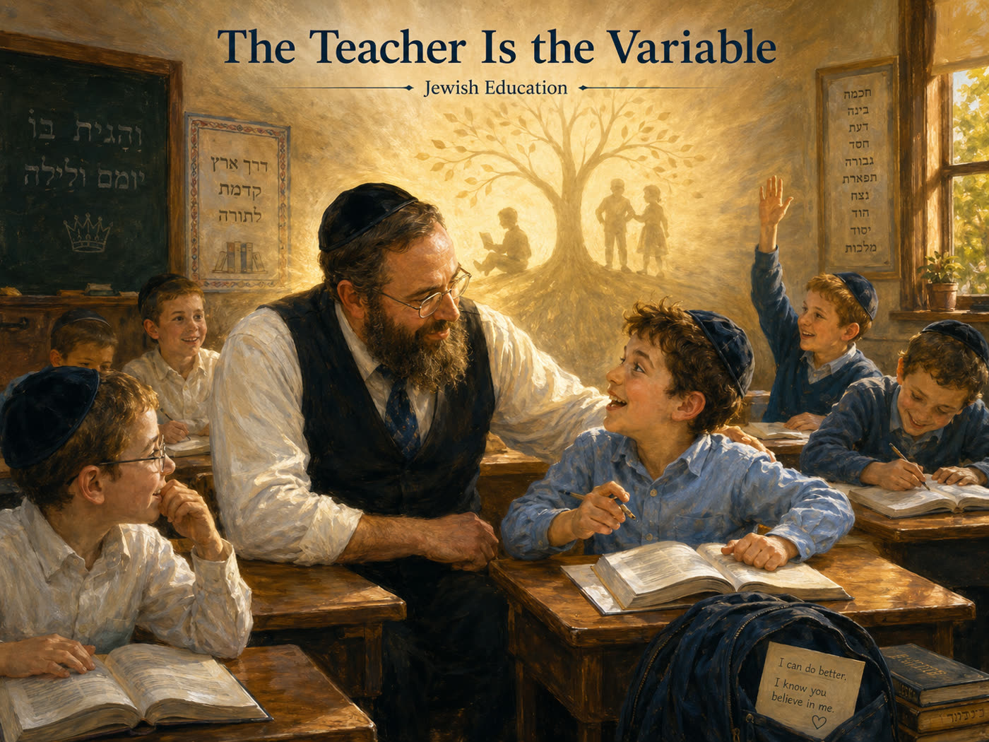 Painting titled &ldquo;The Teacher Is the Variable&rdquo;: in a sunlit classroom, a rebbe leans warmly over a boy&rsquo;s open sefer as the boy looks up at him, beaming; behind them, sunlight on the wall forms a tree.