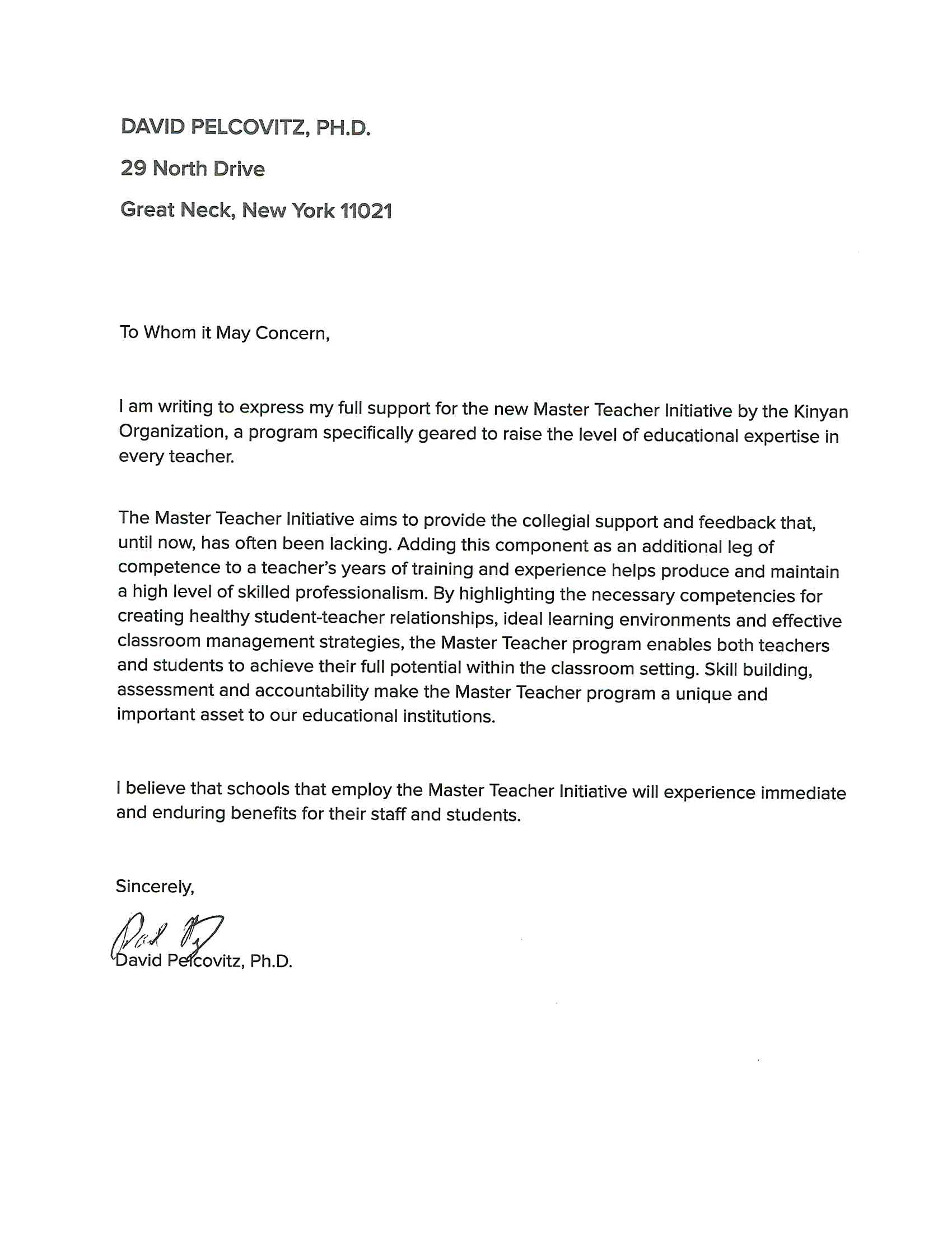 Endorsement letter from Dr. David Pelcovitz supporting the Kinyan Master Teacher Audit