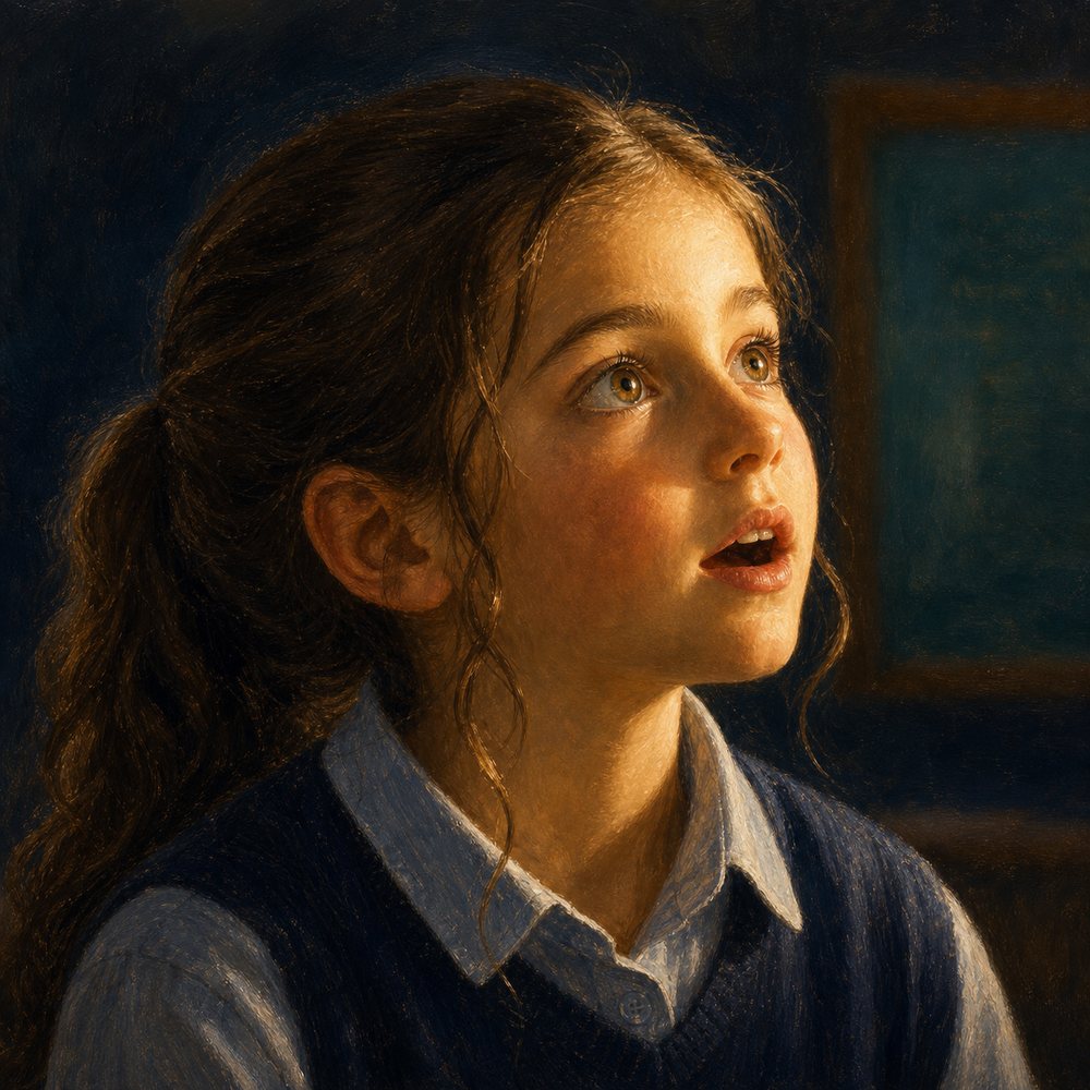 Painting titled For the Children in the Room: a close portrait of a Modern Orthodox schoolgirl at the instant of understanding, warm light falling across her face from an unseen teacher.