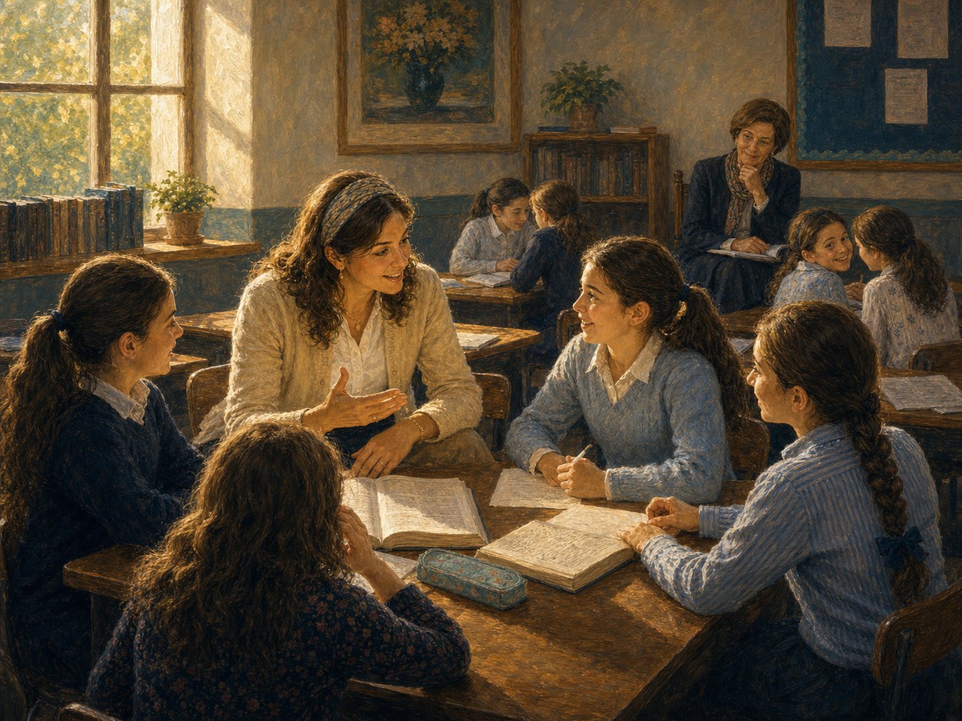 Painting titled The Observer: a vibrant girls classroom lesson fills the foreground while an older female observer sits respectfully at the back with a simple notebook, watching with admiration.