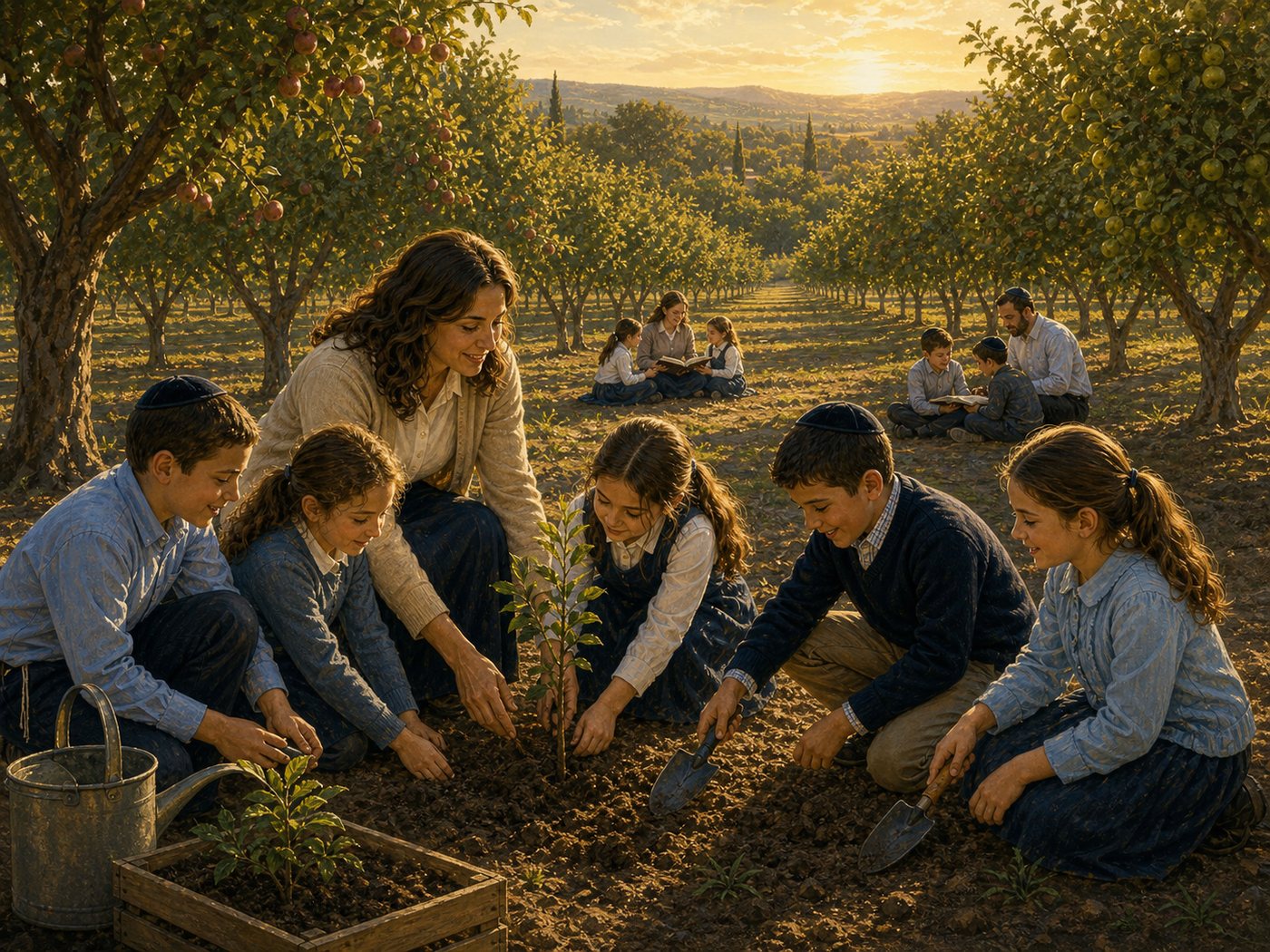 Painting titled The Orchard: a female teacher and Modern Orthodox boys and girls plant saplings in the foreground while mature fruit trees stretch into the distance, where adults learn with children.