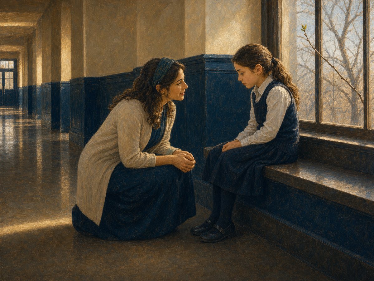 Painting for Authenticity in Relationships: a female teacher kneels beside one discouraged girl in a quiet day-school hallway by a window, where a bare tree outside has one bud.