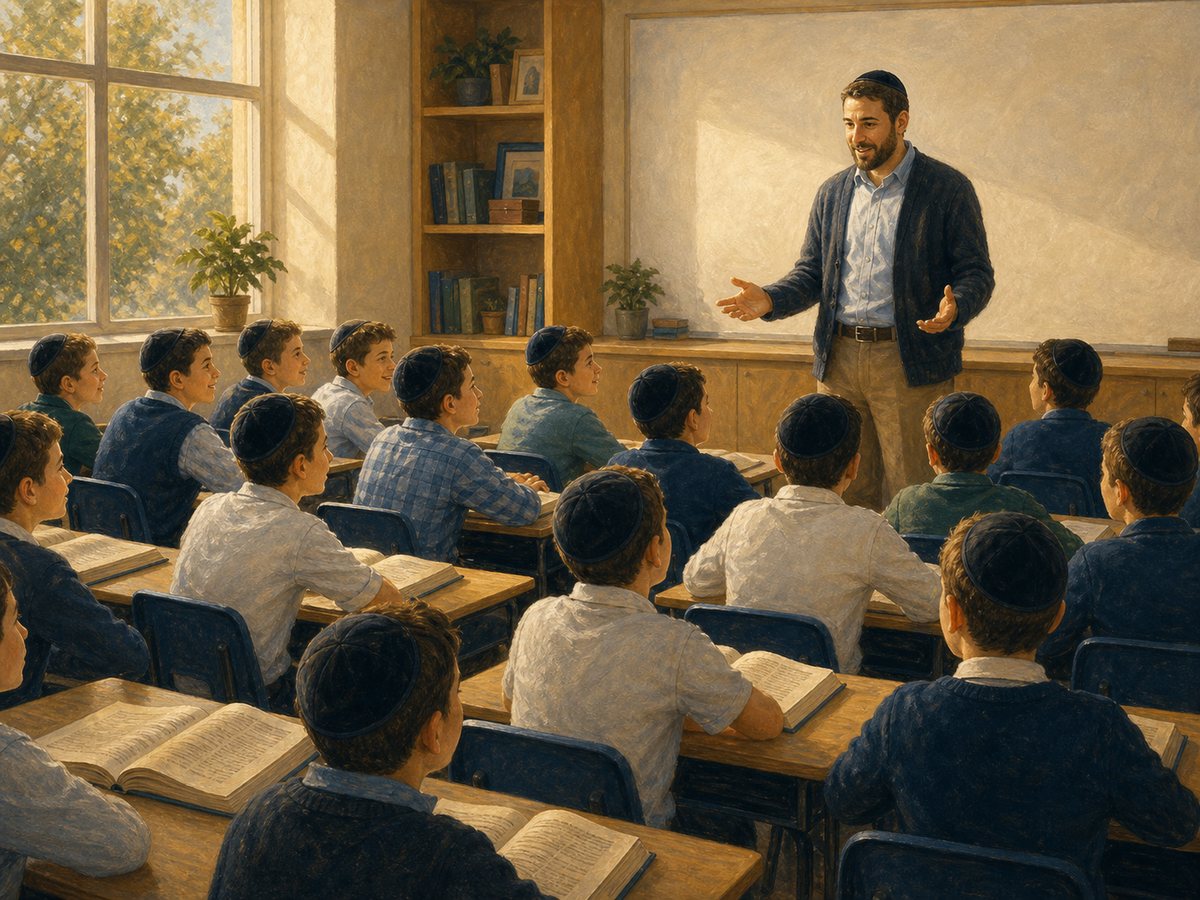 Painting for Command of the Classroom: a warm Modern Orthodox teacher stands calmly at the front of a bright day-school classroom while boys lean forward in eager order.