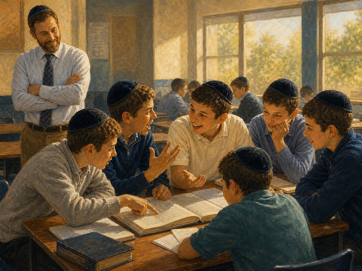 Painting for Depth of Engagement: Modern Orthodox boys debate animatedly over an open sefer or source sheet while the teacher stands back at the edge of the room, half-smiling.