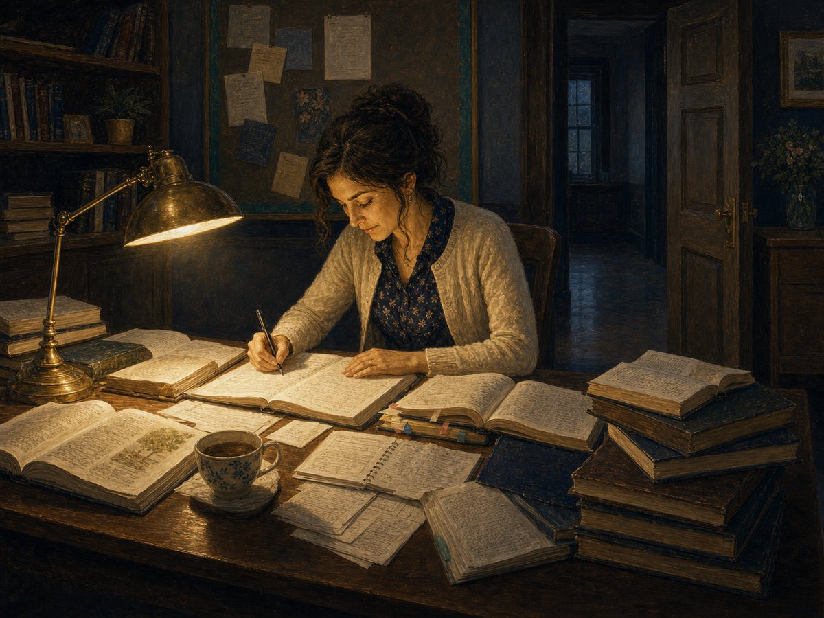 Painting for Mastery of the Curriculum: a female Judaic studies teacher studies alone at night by lamplight, surrounded by open books and lesson notes, with the classroom door dark behind her.
