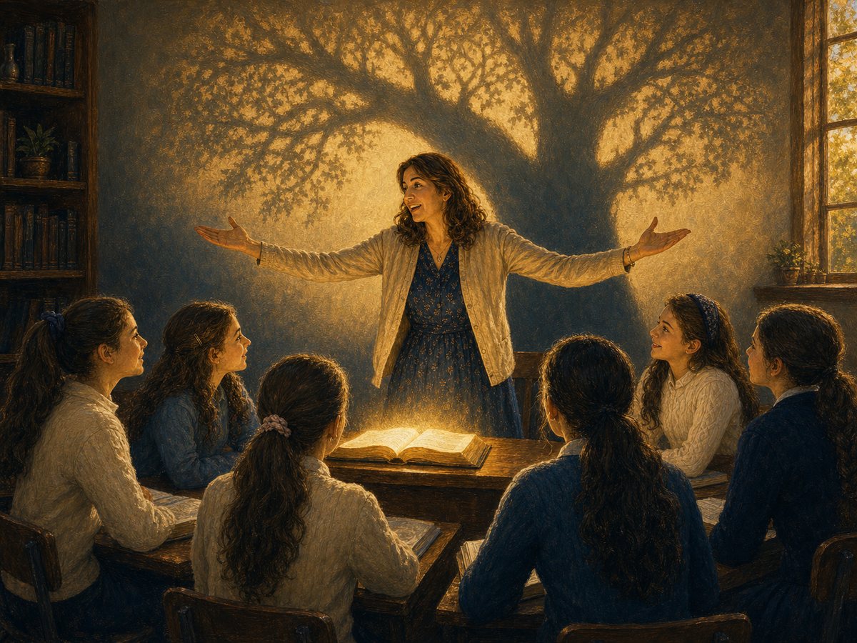 Painting for Passion for the Subject: a female teacher teaches a girls-only class with arms open as light rises from an open sefer and casts a tree-shaped shadow behind her.