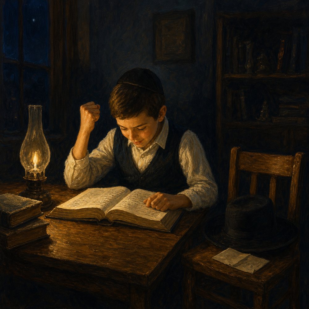 Painting titled The Kinyan: a boy alone at night over an open sefer raises one fist in quiet triumph, with only the teacher's hat on a nearby chair.