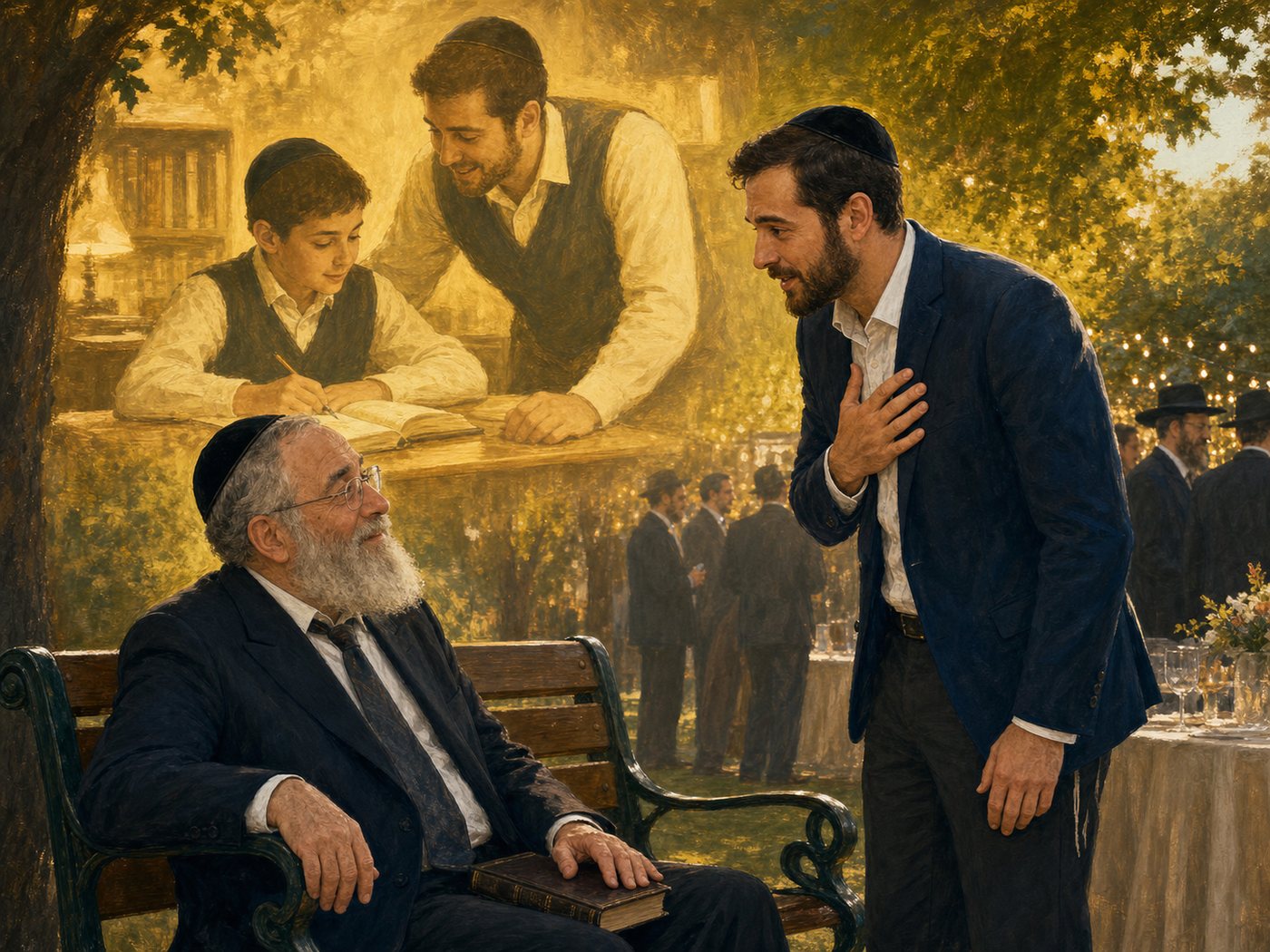 Painting titled Thirty Years Later: an adult former student recognizes his grey-bearded rebbe, with a golden memory of the same teacher leaning over him as a child behind them.